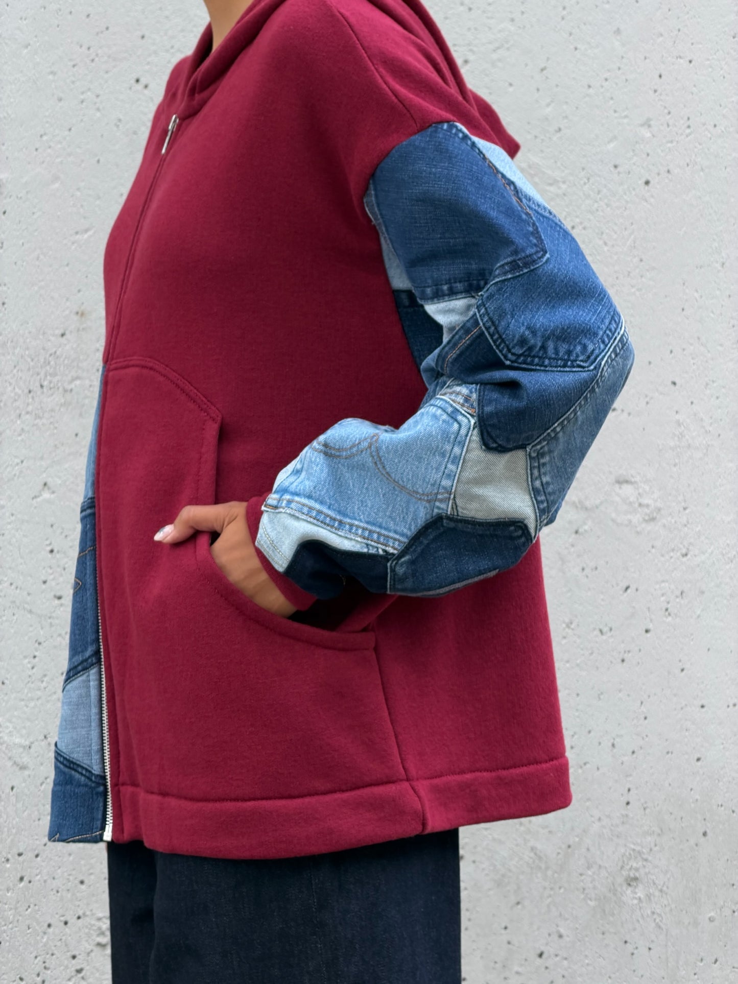 Red & Denim Sleeve Cotton Zip Hoodie M