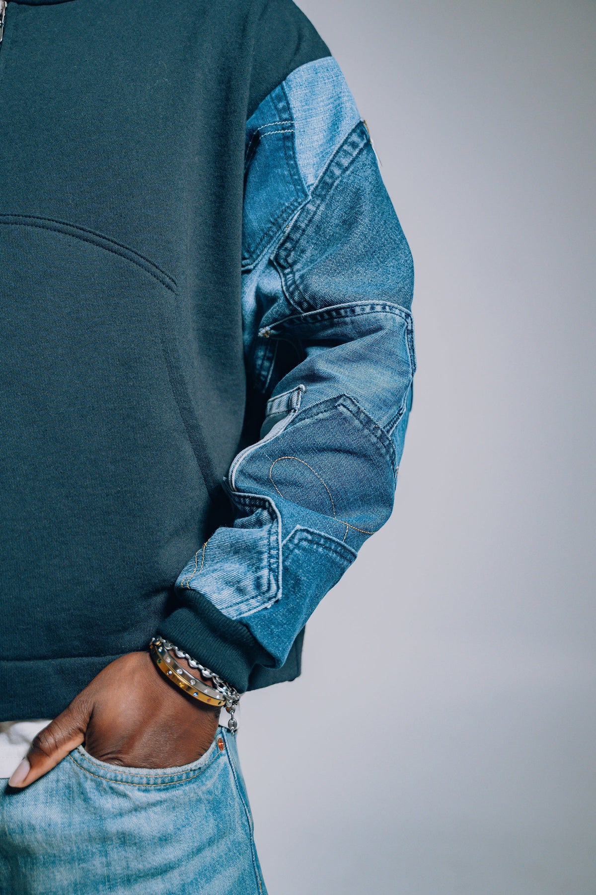 Black & Blue Denim Pockets Sleeve Zip Hoodie