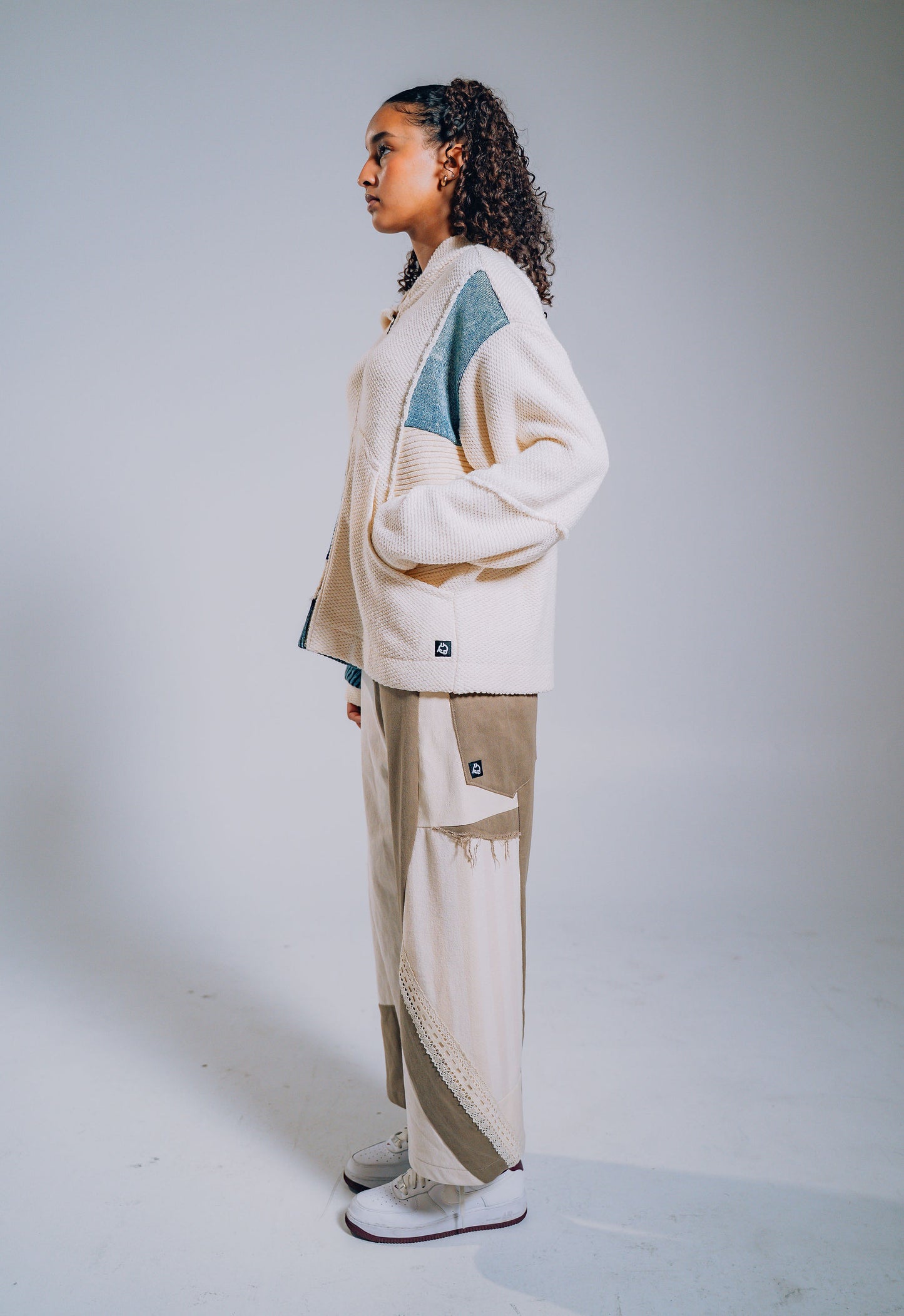 White & Blue Denim Patchwork Zip Hoodie