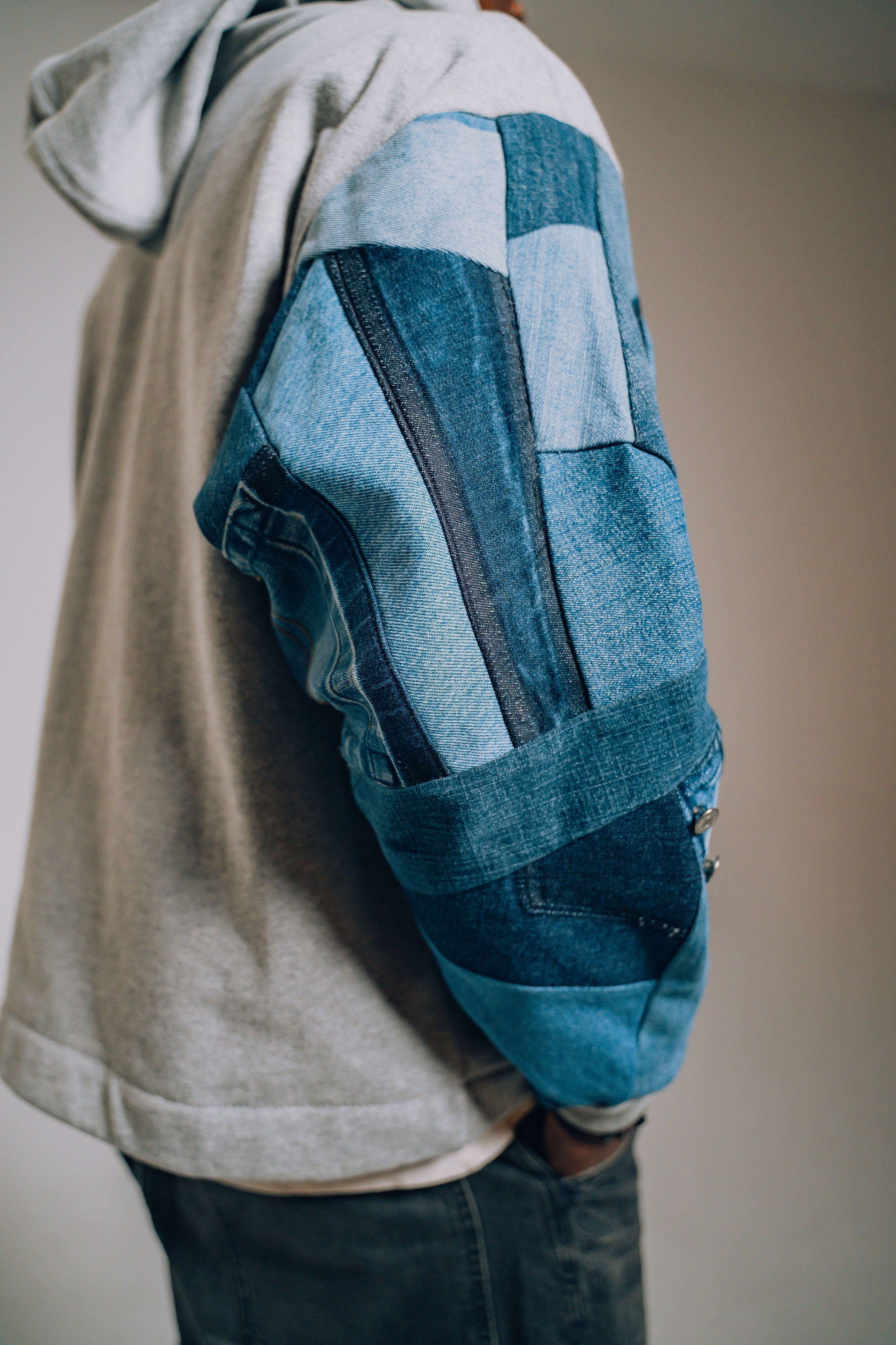 Upcycled Patchwork Zip Hoodie Grey & Blue Denim | Uni Design Canada