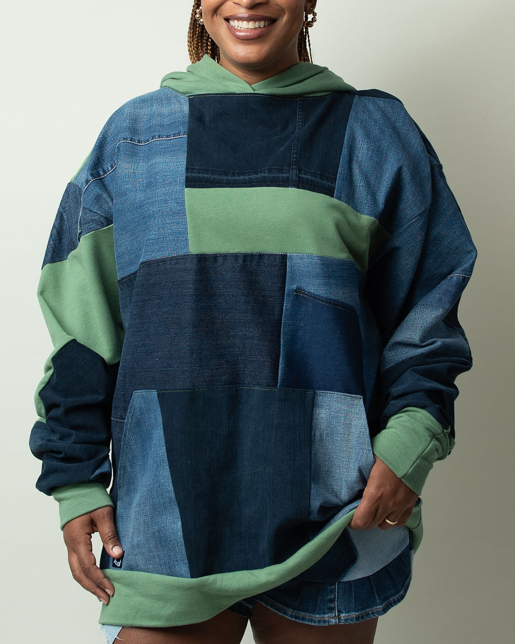 Green Base Patchwork Denim Hoodie XXL