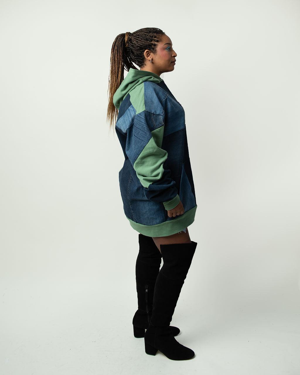 Green Base Patchwork Denim Hoodie XXL