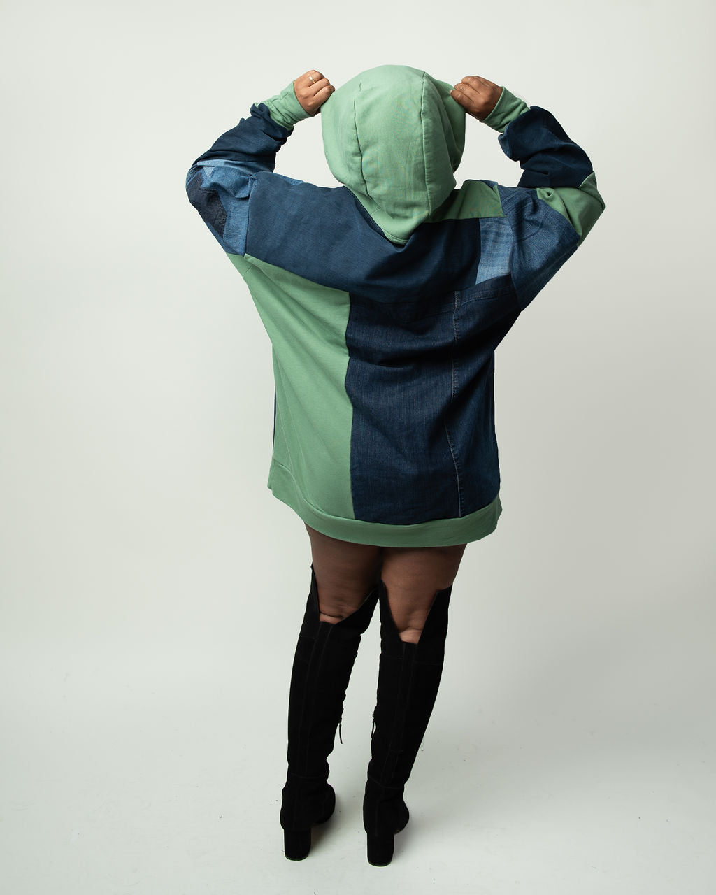 Green Base Patchwork Denim Hoodie XXL
