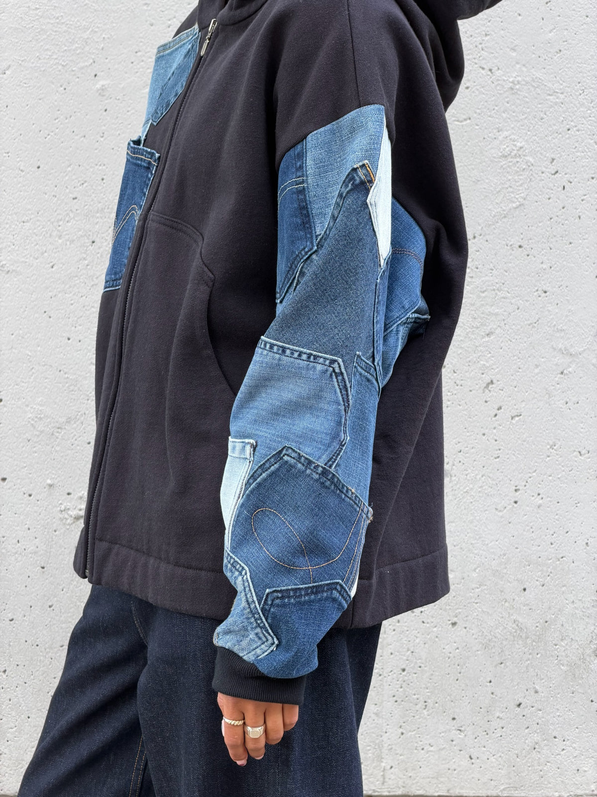 Black & Blue Denim Pockets Sleeve Zip Hoodie