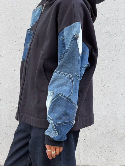 Black & Blue Denim Pockets Sleeve Zip Hoodie