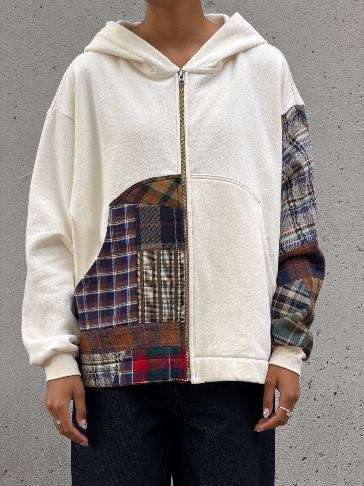 White & Brown Patchwork Cotton Zip Hoodie M