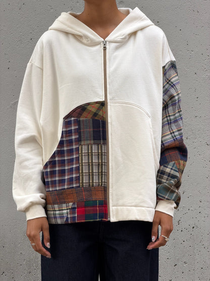 White & Brown Patchwork Cotton Zip Hoodie M