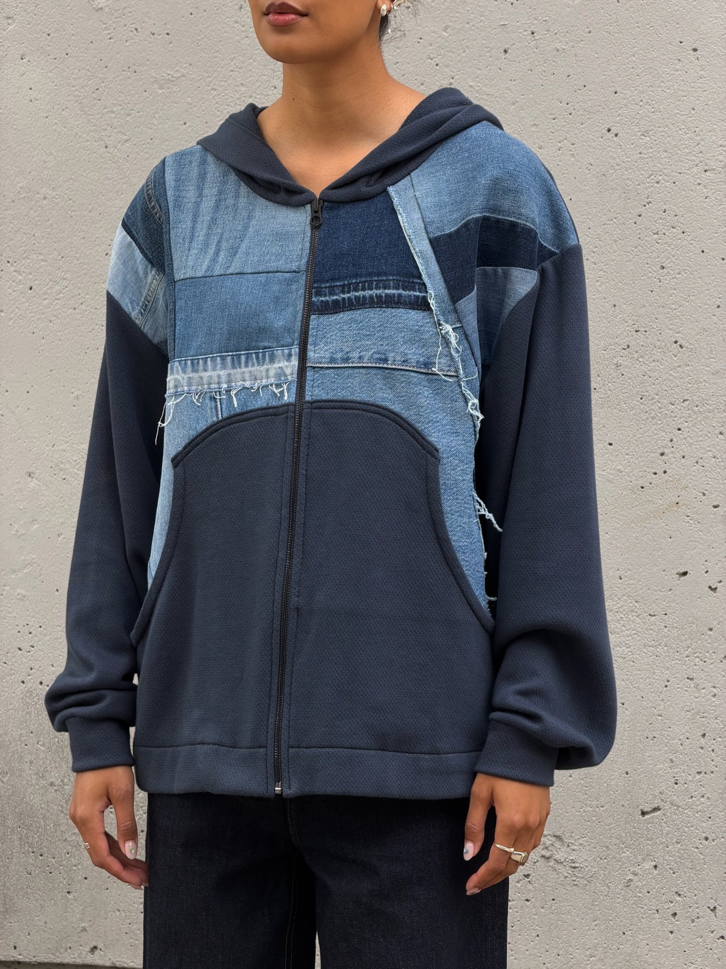 Navy & Blue Denim Patchwork Zip Hoodie