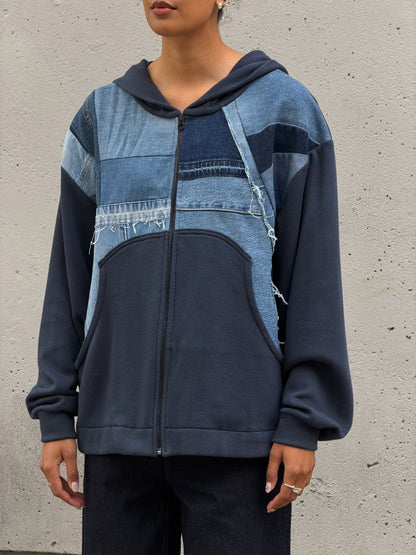 Navy & Blue Denim Patchwork Zip Hoodie