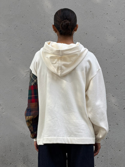 White & Brown Patchwork Cotton Zip Hoodie M