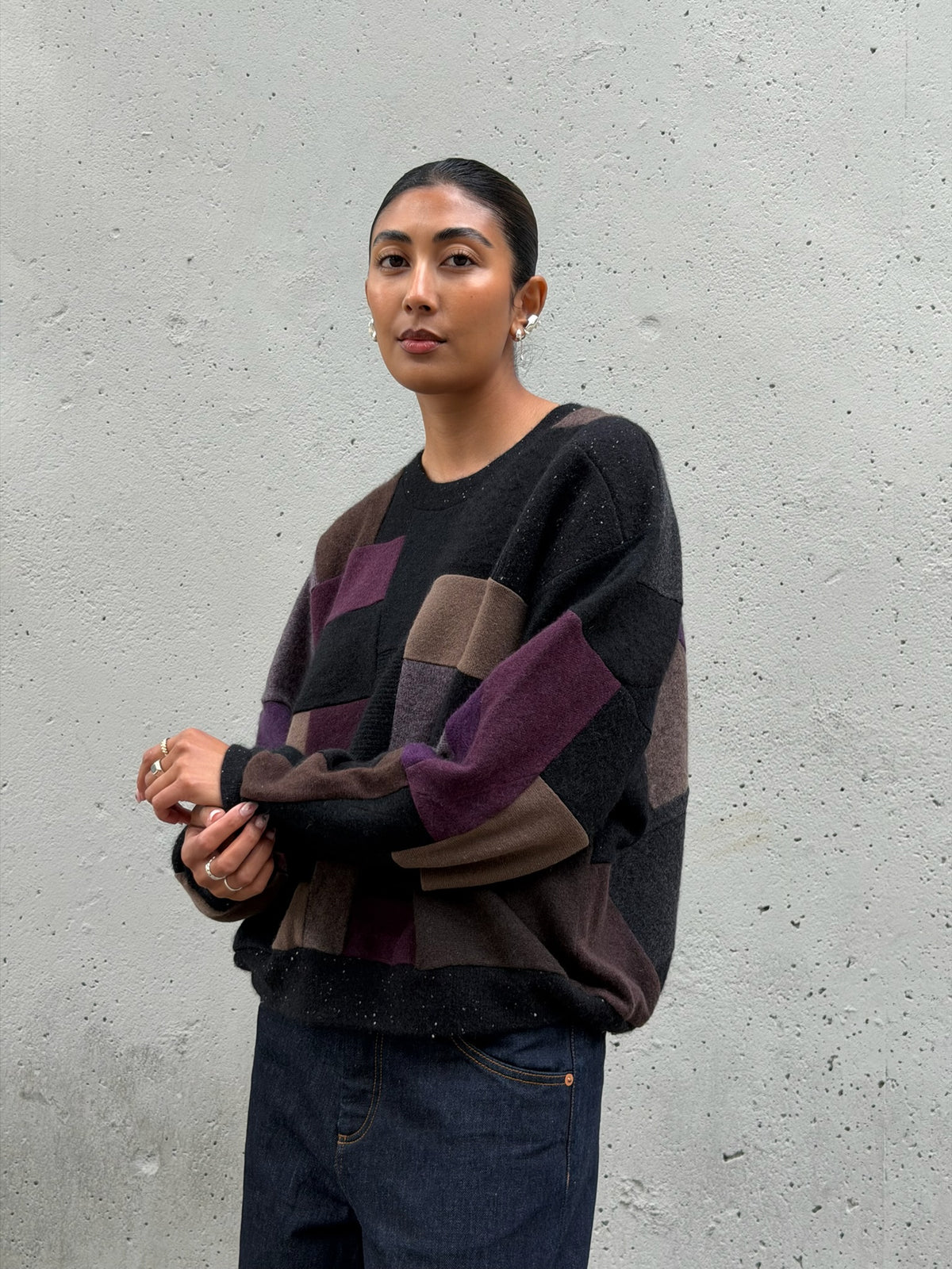 Black Multi Scrapwork Cashmere Crew Sweater