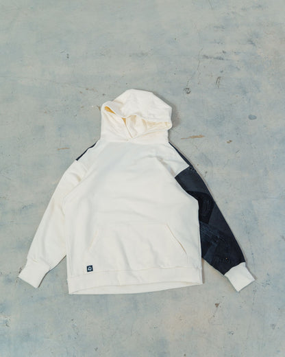 White & Black Denim Patchwork Sleeve Hoodie L