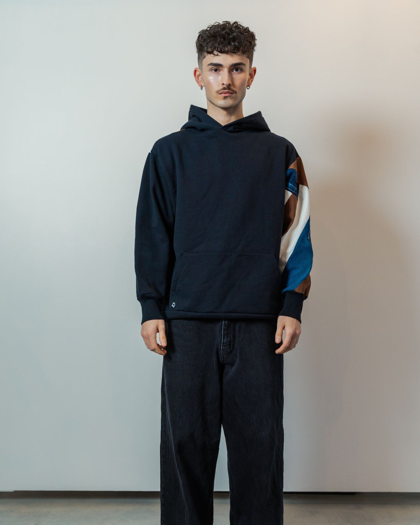 Black & Denim Patchwork Sleeve Hoodie L