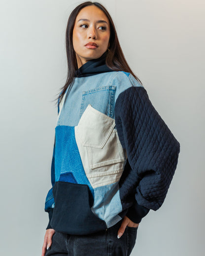 Black & Denim Patchwork Hoodie L