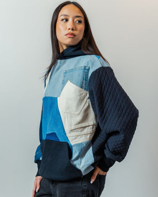 Black & Denim Patchwork Hoodie L