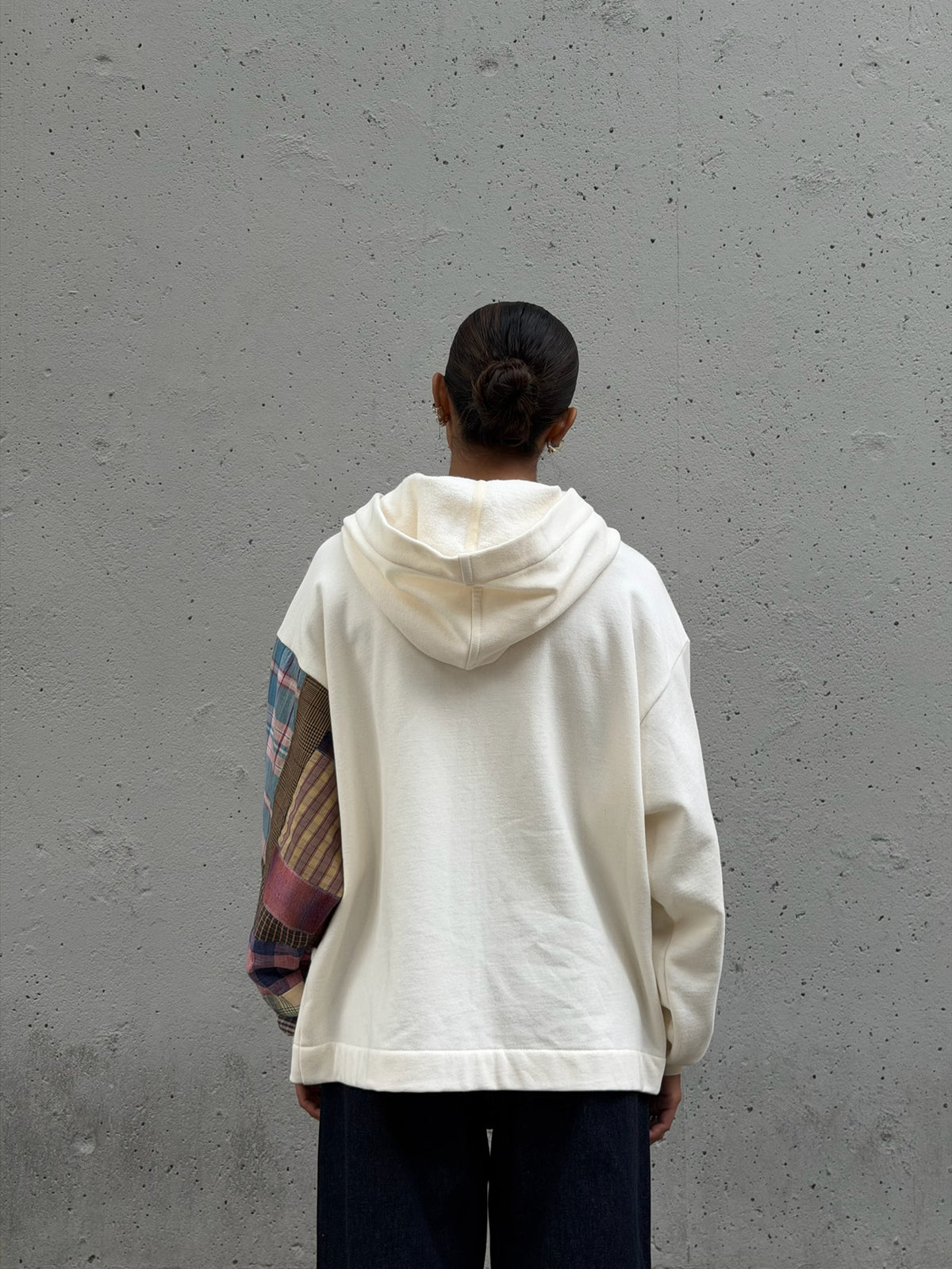 White & Plaid Sleeve Organic Cotton Zip Hoodie M