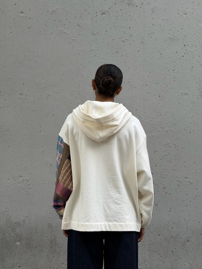 White & Plaid Sleeve Organic Cotton Zip Hoodie M