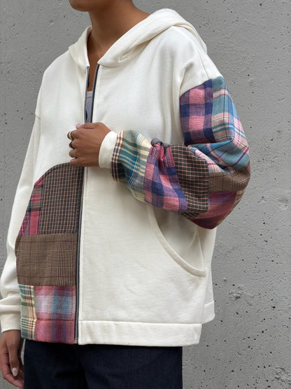 White & Plaid Sleeve Organic Cotton Zip Hoodie M