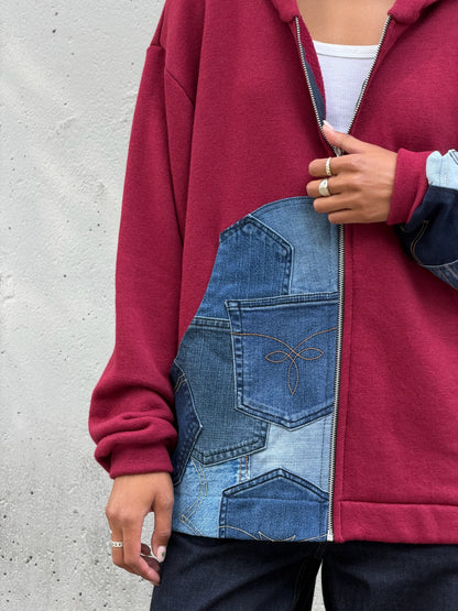 Red & Denim Sleeve Cotton Zip Hoodie M