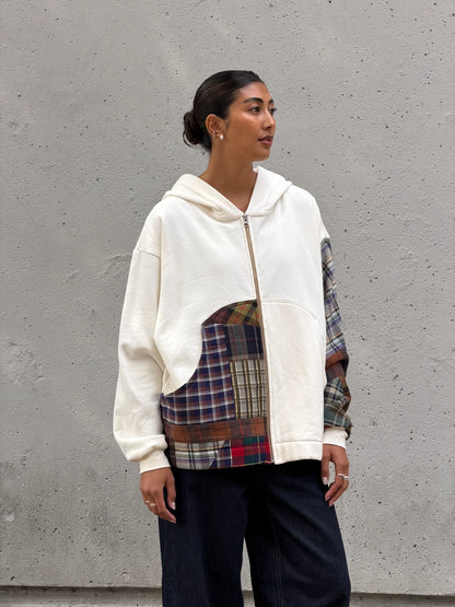White & Brown Patchwork Cotton Zip Hoodie M