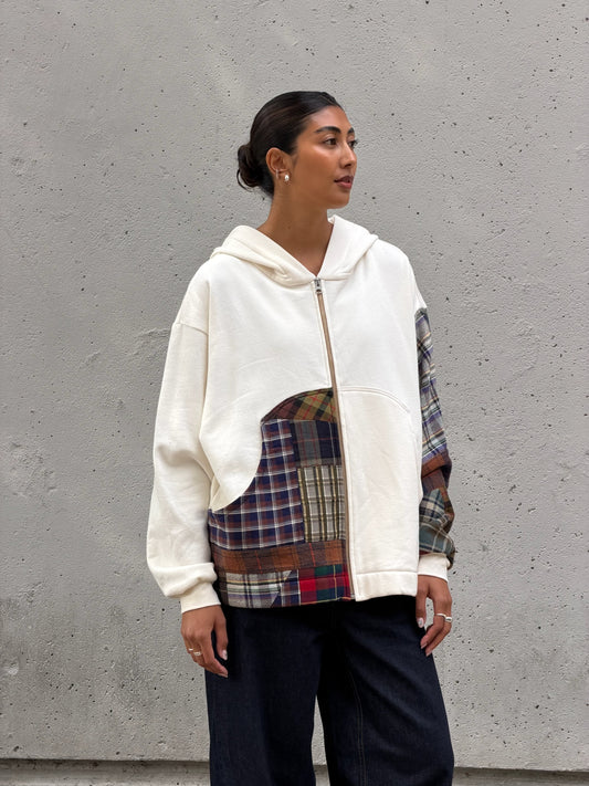 White & Brown Patchwork Cotton Zip Hoodie M
