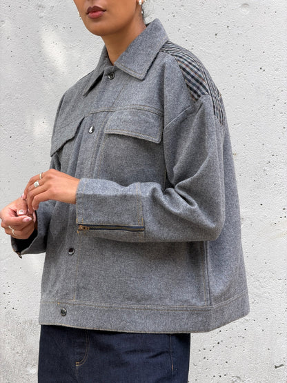 Grey & Plaid Solid Wool Jacket