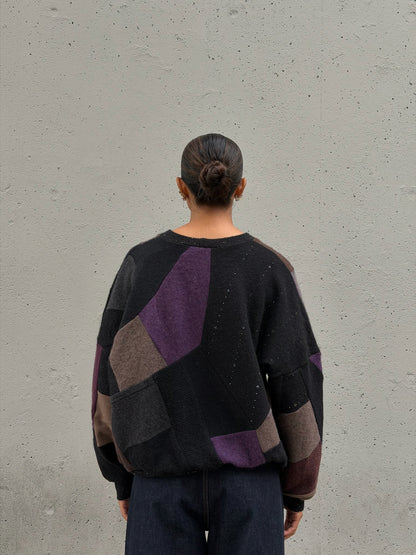 Black Multi Scrapwork Cashmere Crew Sweater