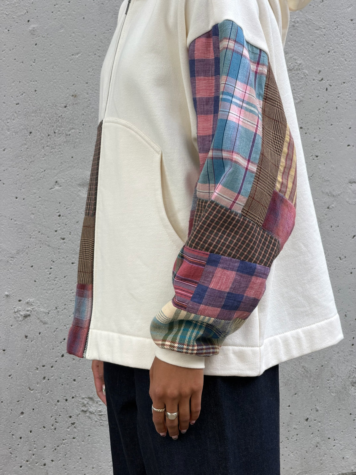 White & Plaid Sleeve Organic Cotton Zip Hoodie M