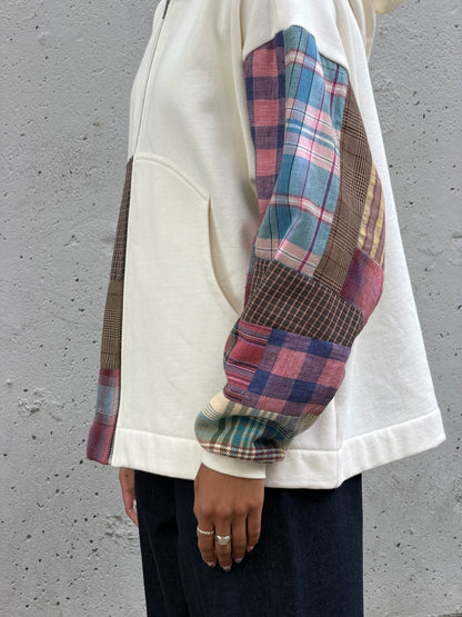 White & Plaid Sleeve Organic Cotton Zip Hoodie M