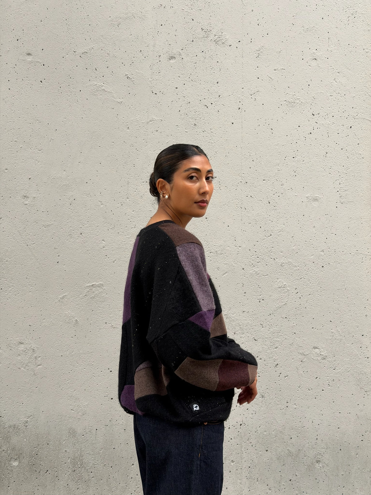 Black Multi Scrapwork Cashmere Crew Sweater