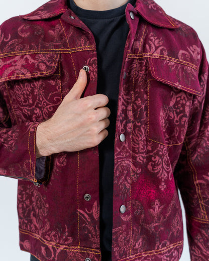 Red patterned jacket gold topstitching made from sustainable upcycled materials