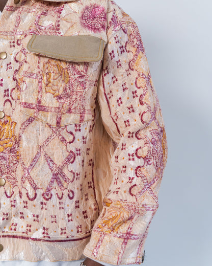 Close-up of a patterned jacket with intricate designs on a plain background