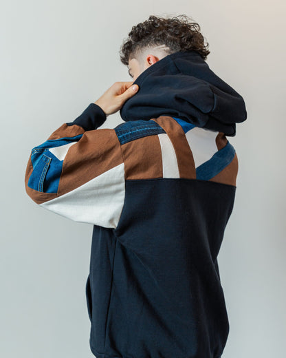 Black & Denim Patchwork Sleeve Hoodie L