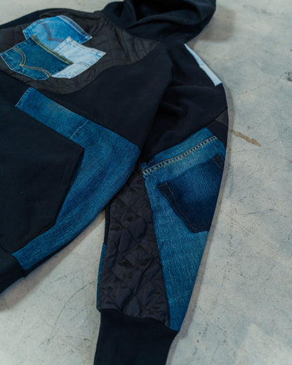 Black & Denim Patchwork Hoodie XXL