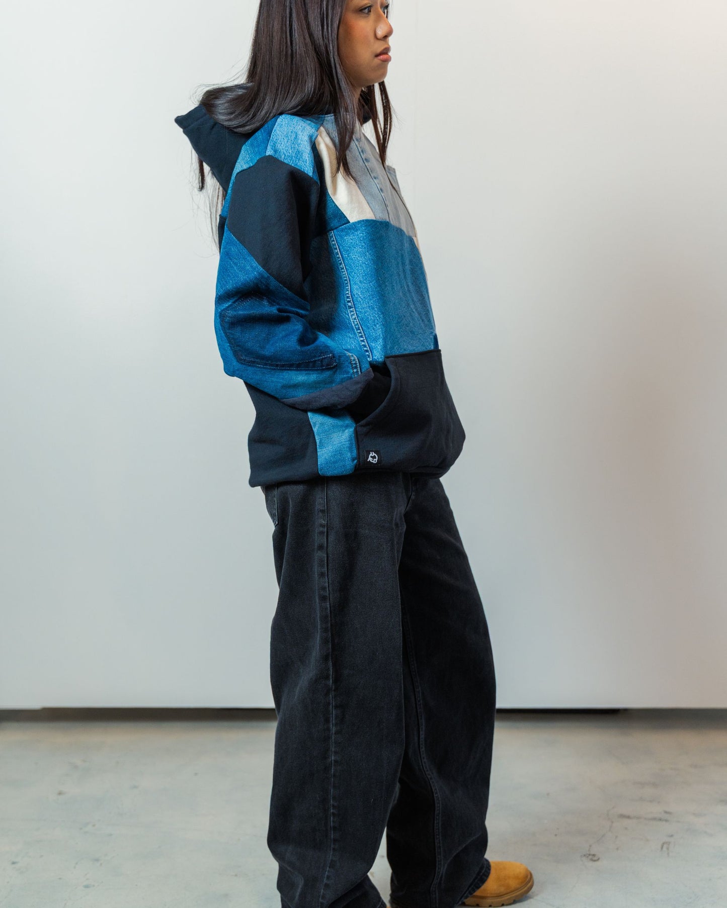 Black & Denim Patchwork Hoodie L