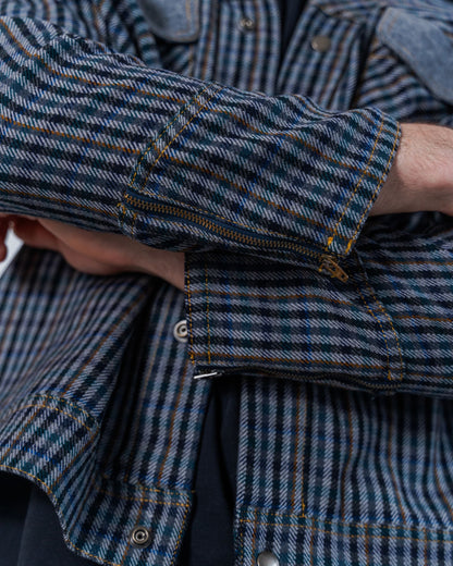 Close up details on the wool plaid fabric and zipper details on the cuff of the jacket. This photo also shows the snaps and the top stitching details. 