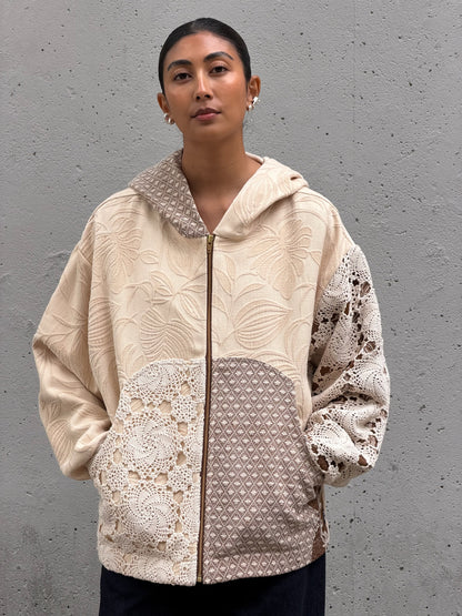 Cream & Brown Crochet Zip Up Hoodie M
