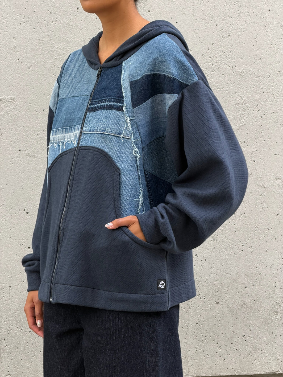Navy & Blue Denim Patchwork Zip Hoodie