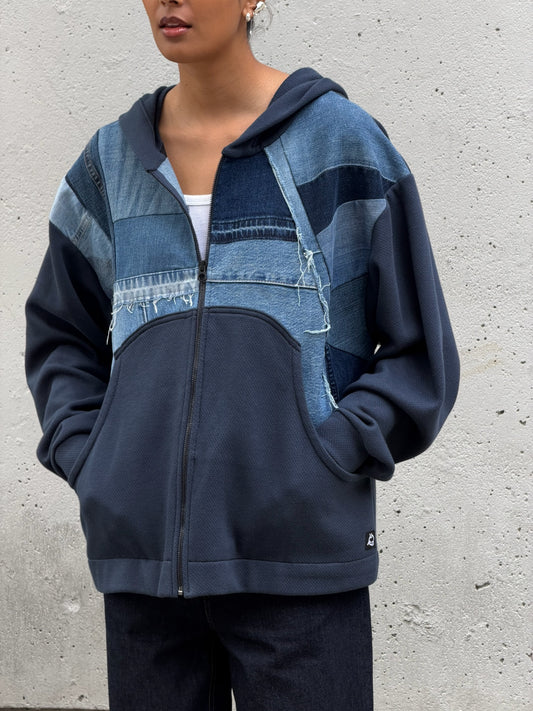 Navy & Blue Denim Patchwork Zip Hoodie