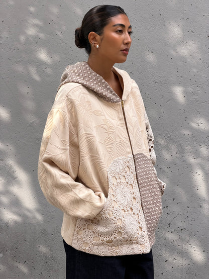 Cream & Brown Crochet Zip Up Hoodie M