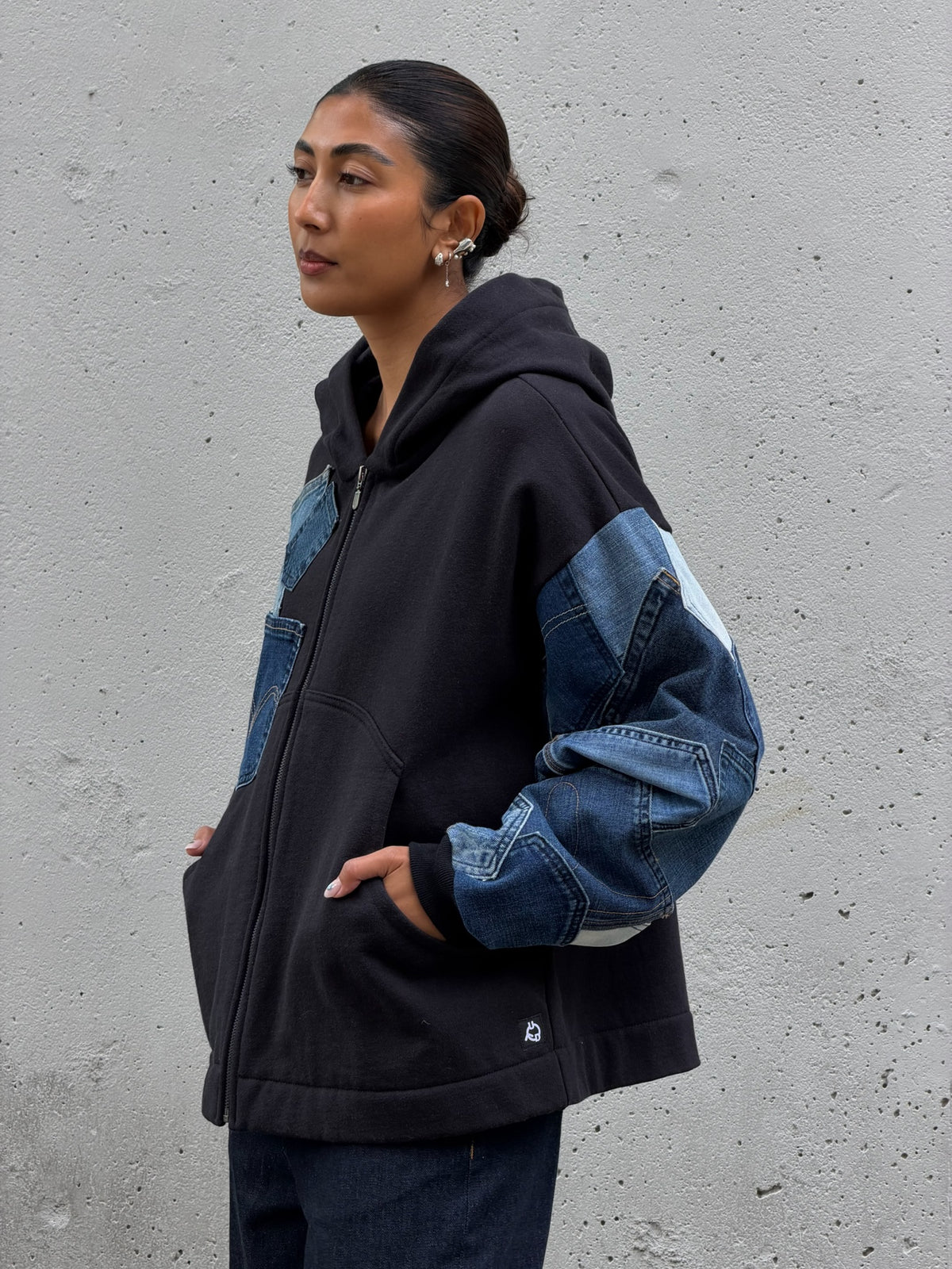 Black & Blue Denim Pockets Sleeve Zip Hoodie