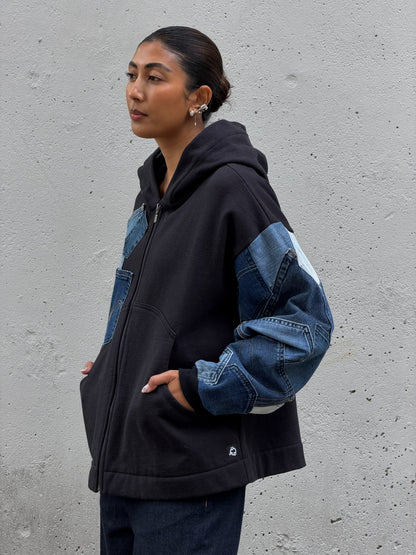 Black & Blue Denim Pockets Sleeve Zip Hoodie