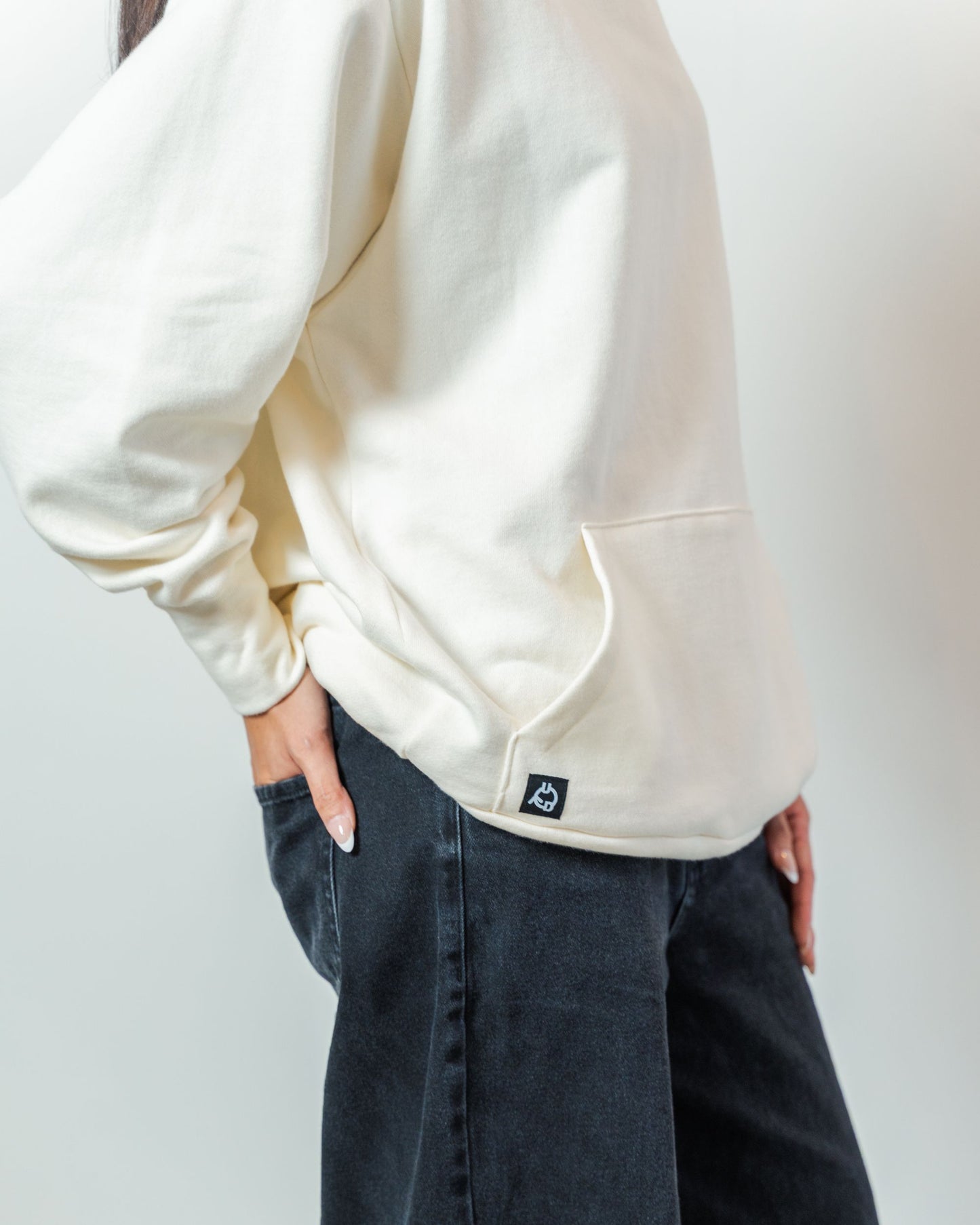 White & Black Denim Patchwork Sleeve Hoodie L