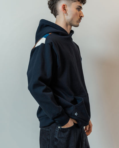 Black & Denim Patchwork Sleeve Hoodie L