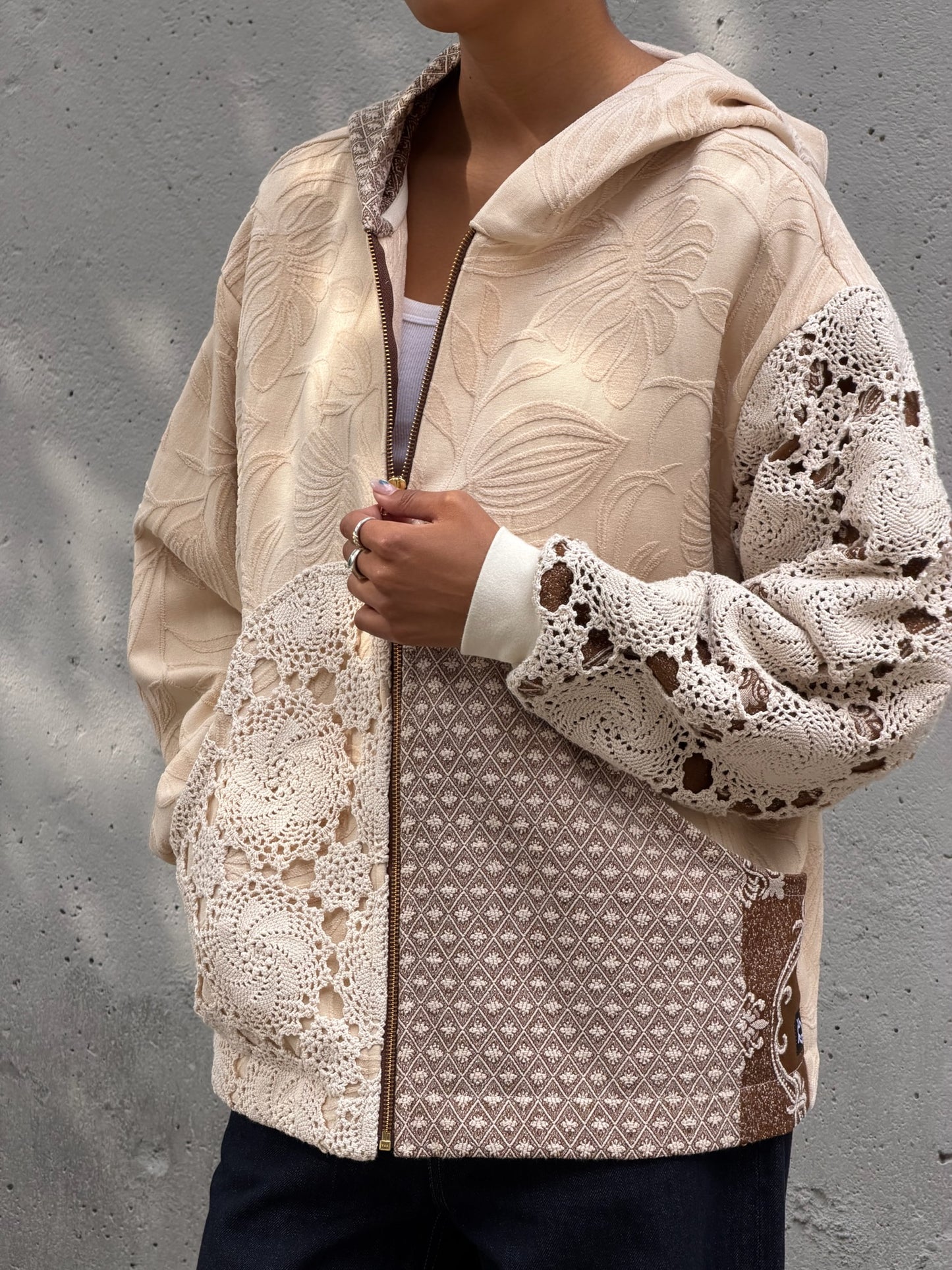 Cream & Brown Crochet Zip Up Hoodie M