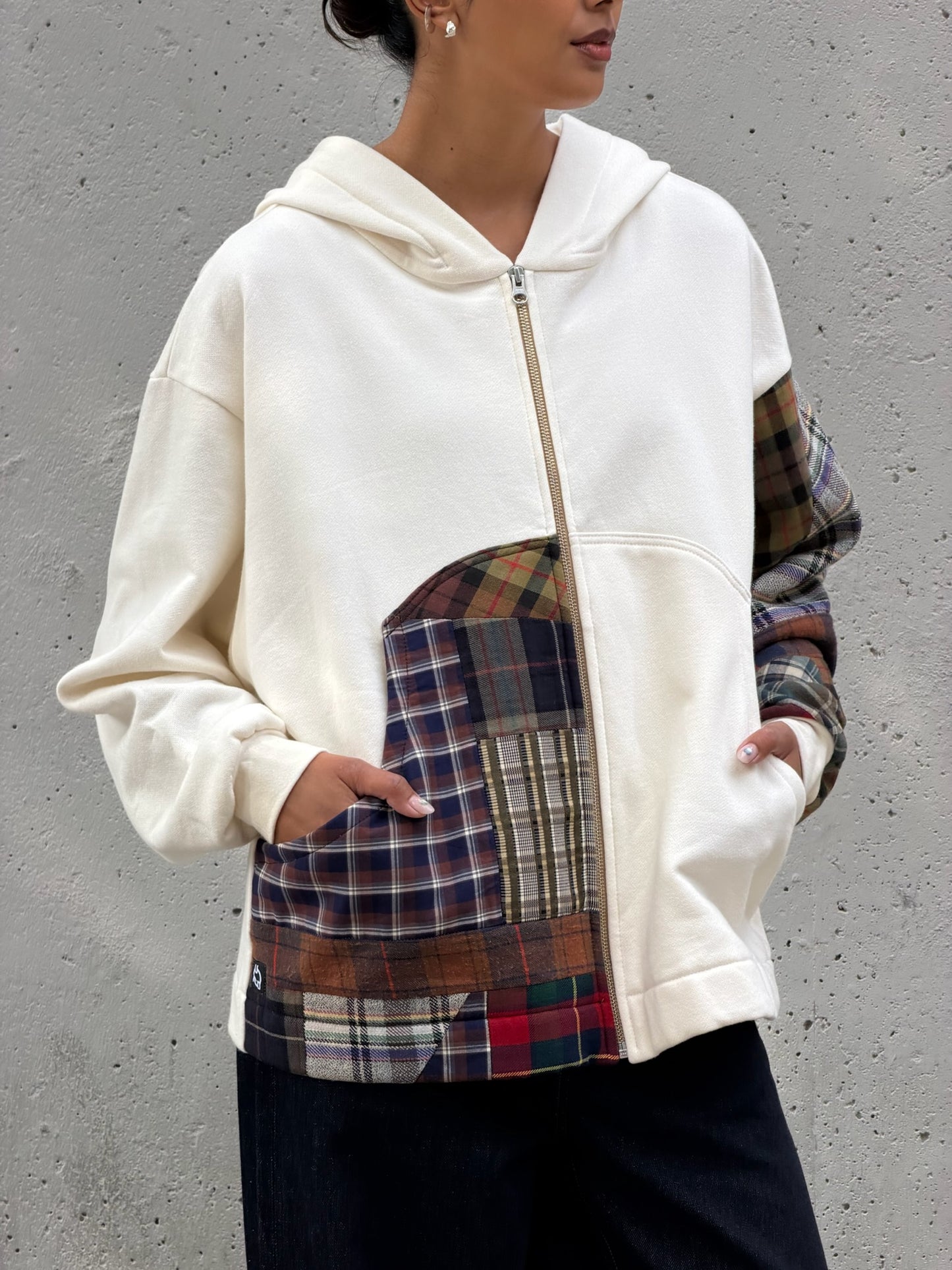 White & Brown Patchwork Cotton Zip Hoodie M