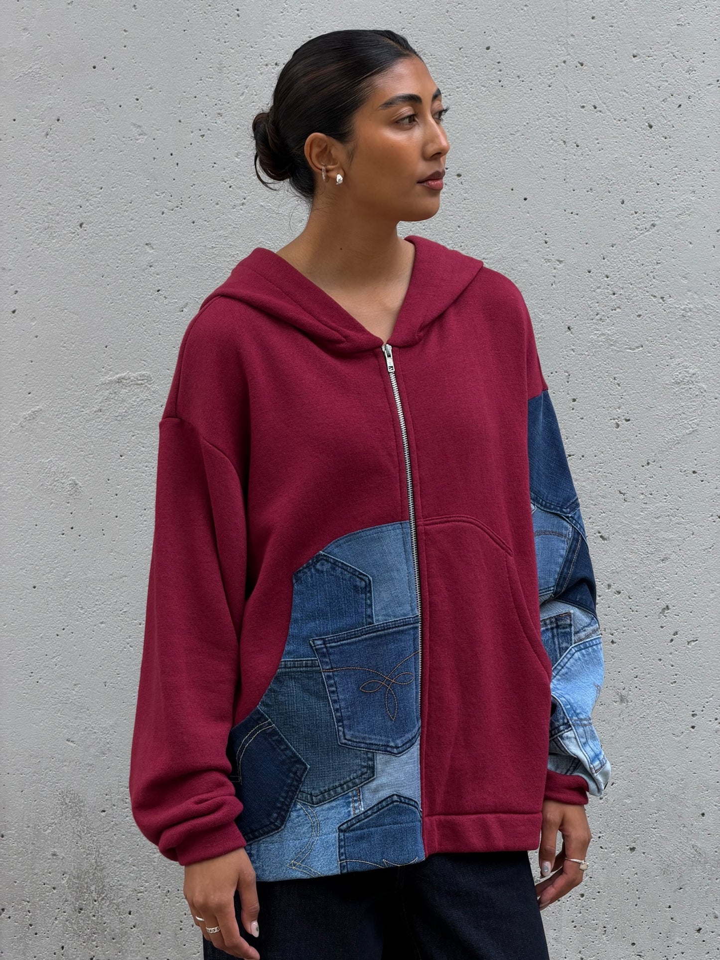 Red & Denim Sleeve Cotton Zip Hoodie M