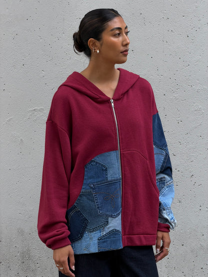 Red & Denim Sleeve Cotton Zip Hoodie M