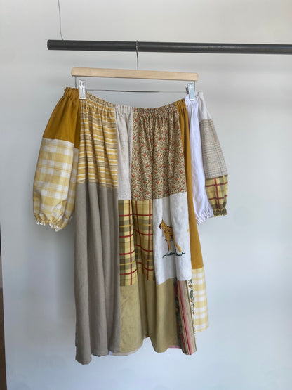 Yellow Multi Patchwork Cotton Mix Off-shoulder Dress L
