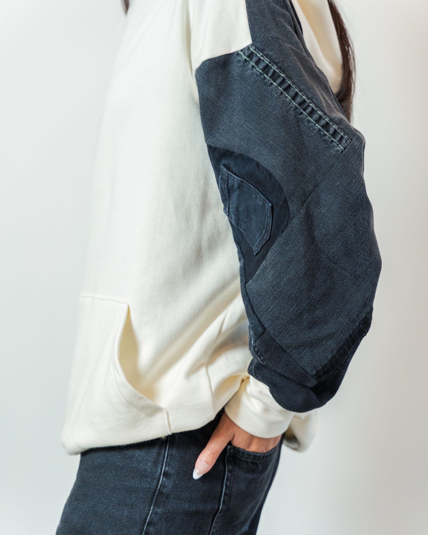 White & Black Denim Patchwork Sleeve Hoodie L